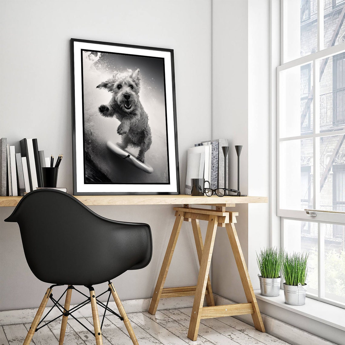 Shaggy Terrier Riding a Surfboard in Black and White Photo Poster - Image 3