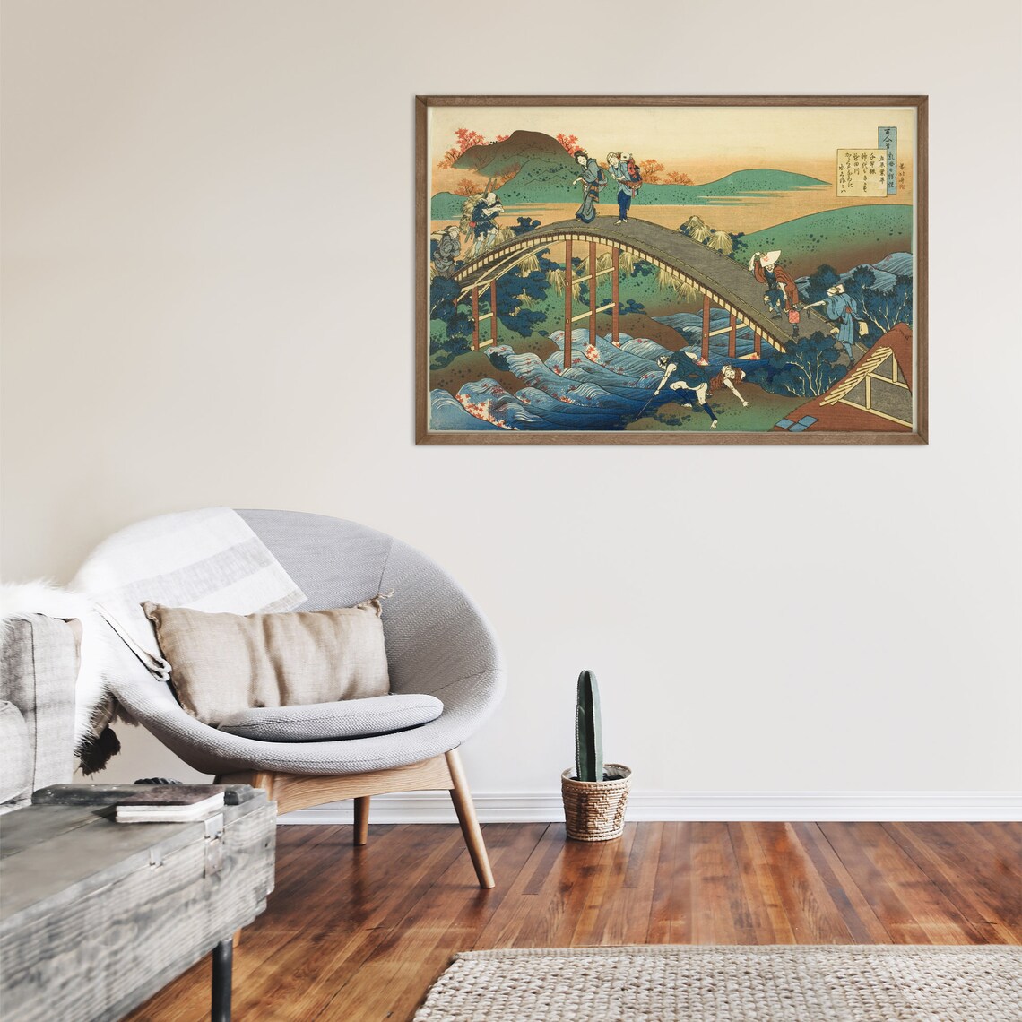 Hokusai Travelers Crossing Arched Bridge Japanese Woodblock Poster - Image 2
