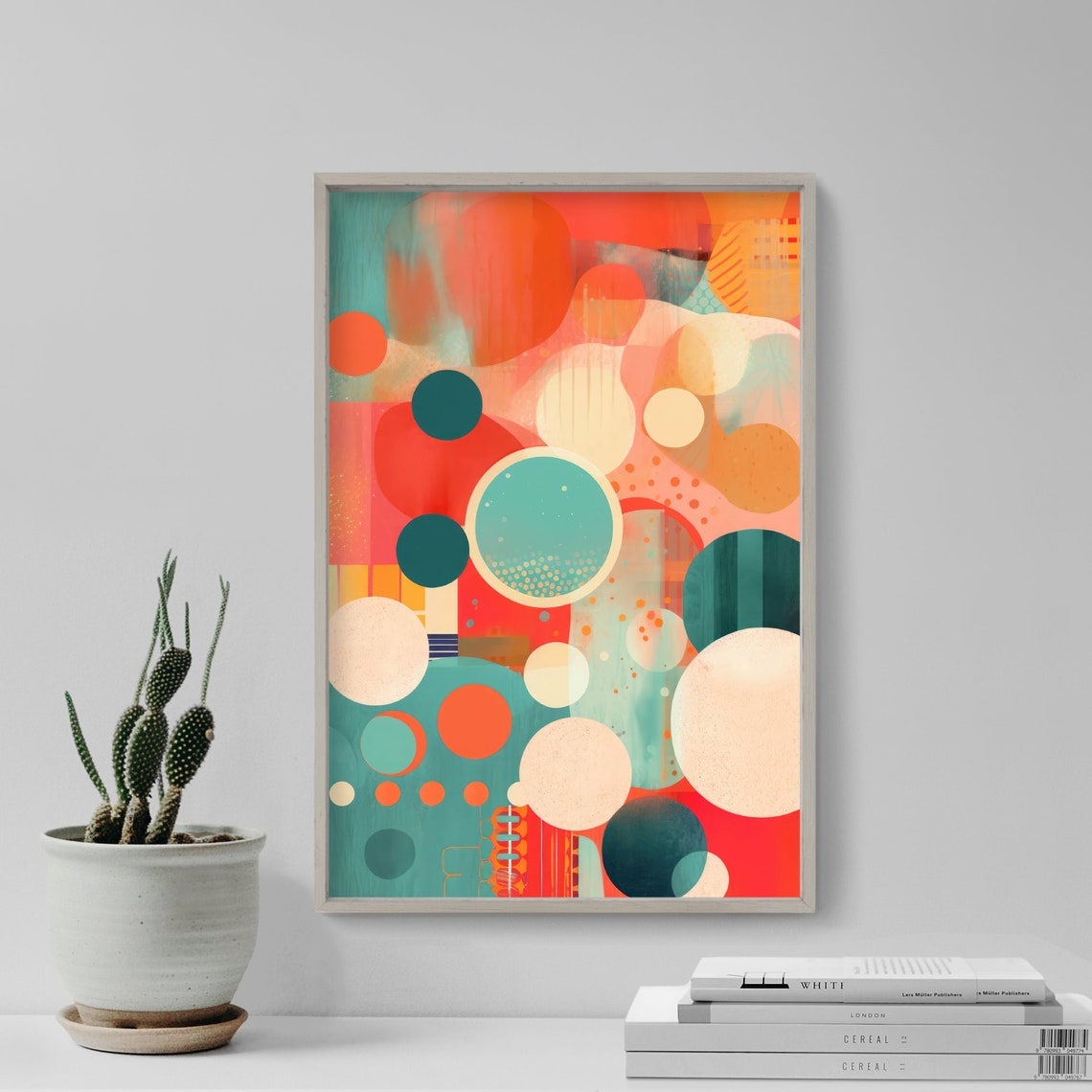 Warm Sunset Abstract Circles in Coral Teal and Cream Modern Poster
