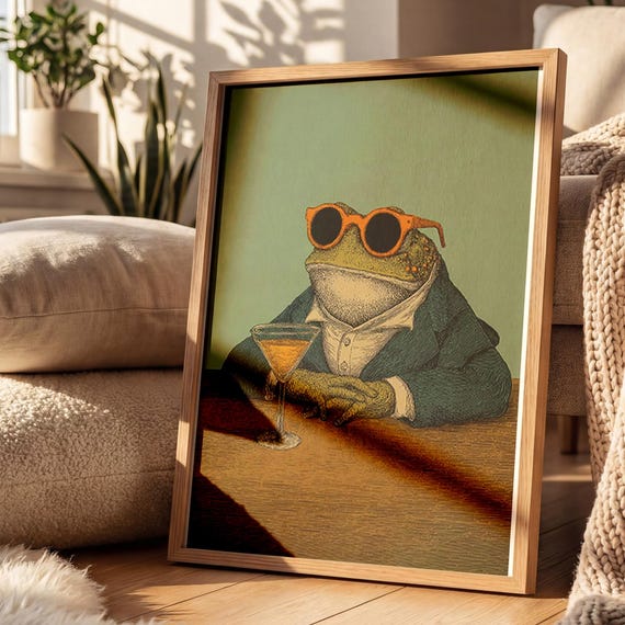 Frog With Cocktail Poster Whimsical Animal Print Toad Sunglases Wall Art