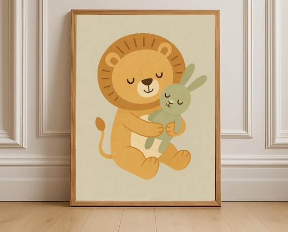 Sleeping Lion Cuddling Bunny Sweet Nursery Animal Poster for Kids