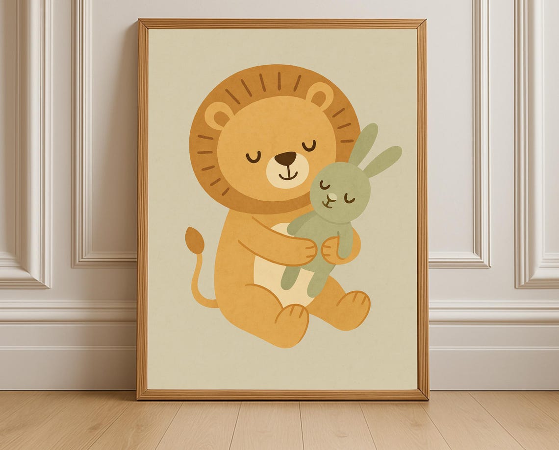 Sleeping Lion Cuddling Bunny Sweet Nursery Animal Poster for Kids