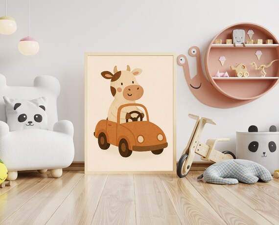 Driving Cow In Orange Car Cute Pastel Animal Nursery Kids Room Poster