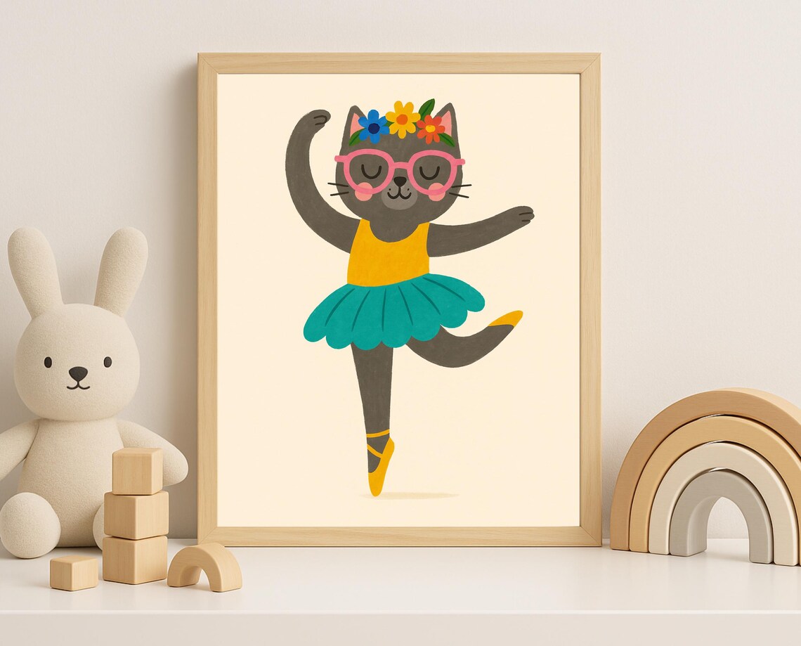 Ballerina Cat in Pink Glasses Flower Crown Tutu Girls Room Wall Art