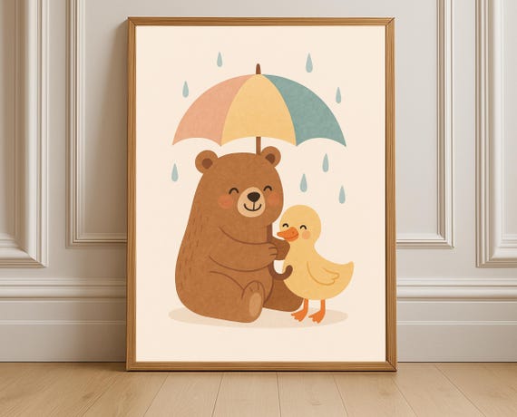 Bear Duck Under Umbrella Nursery Print Rain Wall Art Kids Room Decor