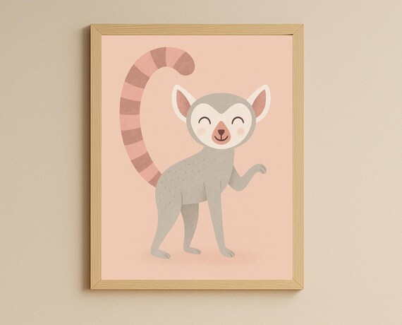 Smiling Lemur Nursery Poster Striped Tail Cute Animal Kids Decor Art