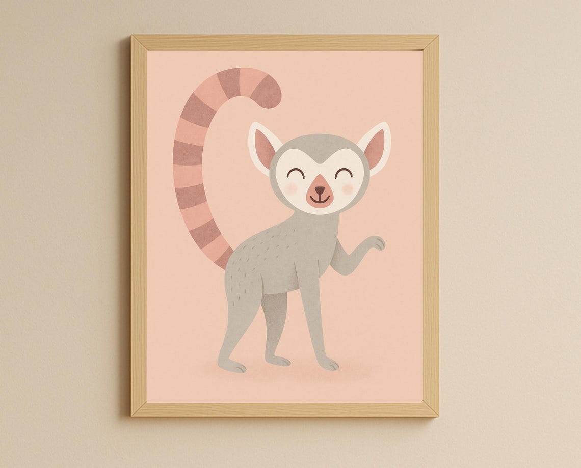 Smiling Lemur Nursery Poster Striped Tail Cute Animal Kids Decor Art