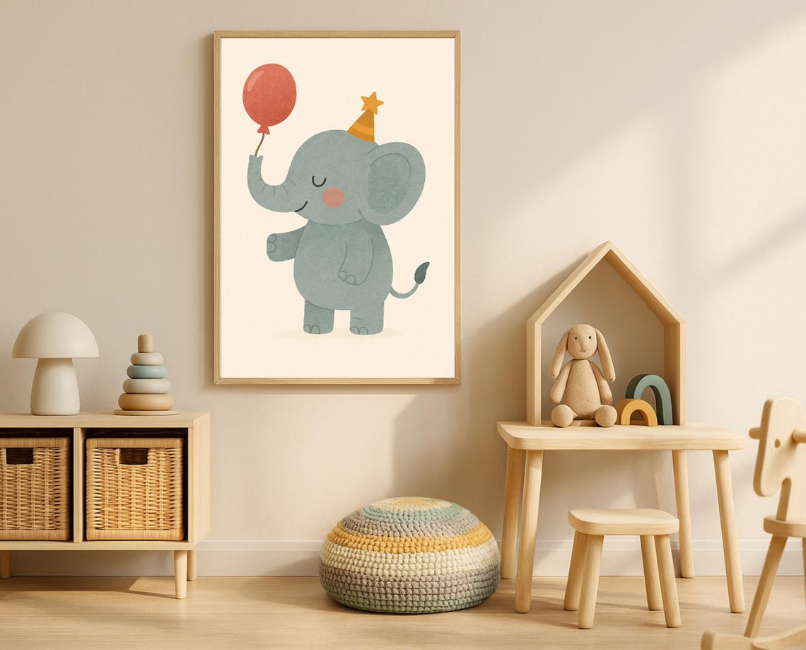 Birthday Party Elephant Nursery Poster Balloon Cute Animal Kids Decor