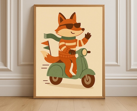 Retro Fox in Dark Sunglasses Riding a Mint Green Scooter Poster