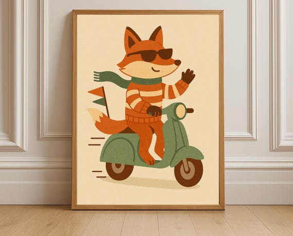Retro Scooter Fox Nursery Wall Art Kids Room Vintage Animal Poster Instant Genderneutral Decor