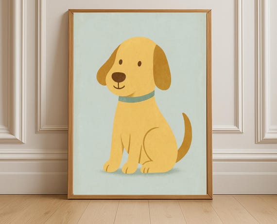 Yellow Puppy Nursery Wall Art Cute Dog Kids Room Decor