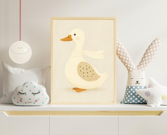 Cute White Duck With Cream Scarf Soft Pastel Animal Nursery Art Poster