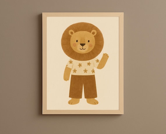 Friendly Cute Lion Waving Daisy Shirt Safari Nursery Kids Poster