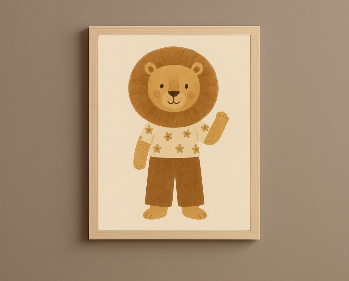 Friendly Cute Lion Waving Daisy Shirt Safari Nursery Kids Poster