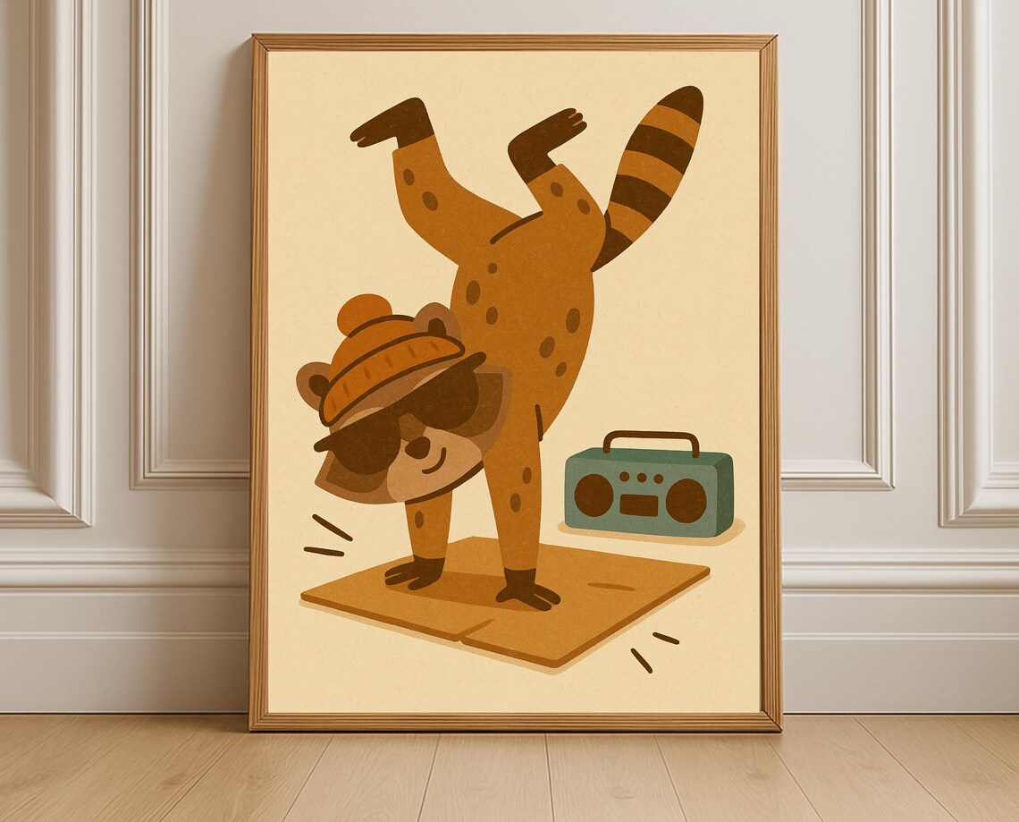 Breakdancing Raccoon Hip Hop Boombox Nursery Poster Retro Art