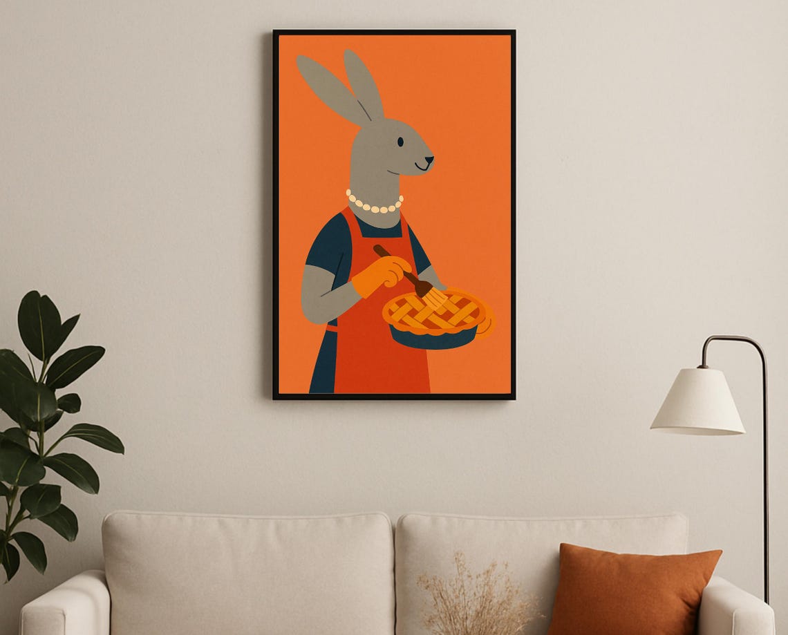 Sweet Bunny Baker in Red Apron Glazing a Fresh Lattice Pie Poster