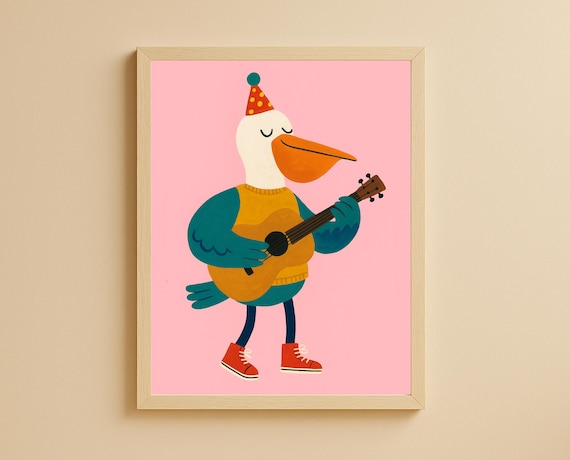 Pelican Playing Guitar With Party Hat Cute Musical Nursery Wall Art