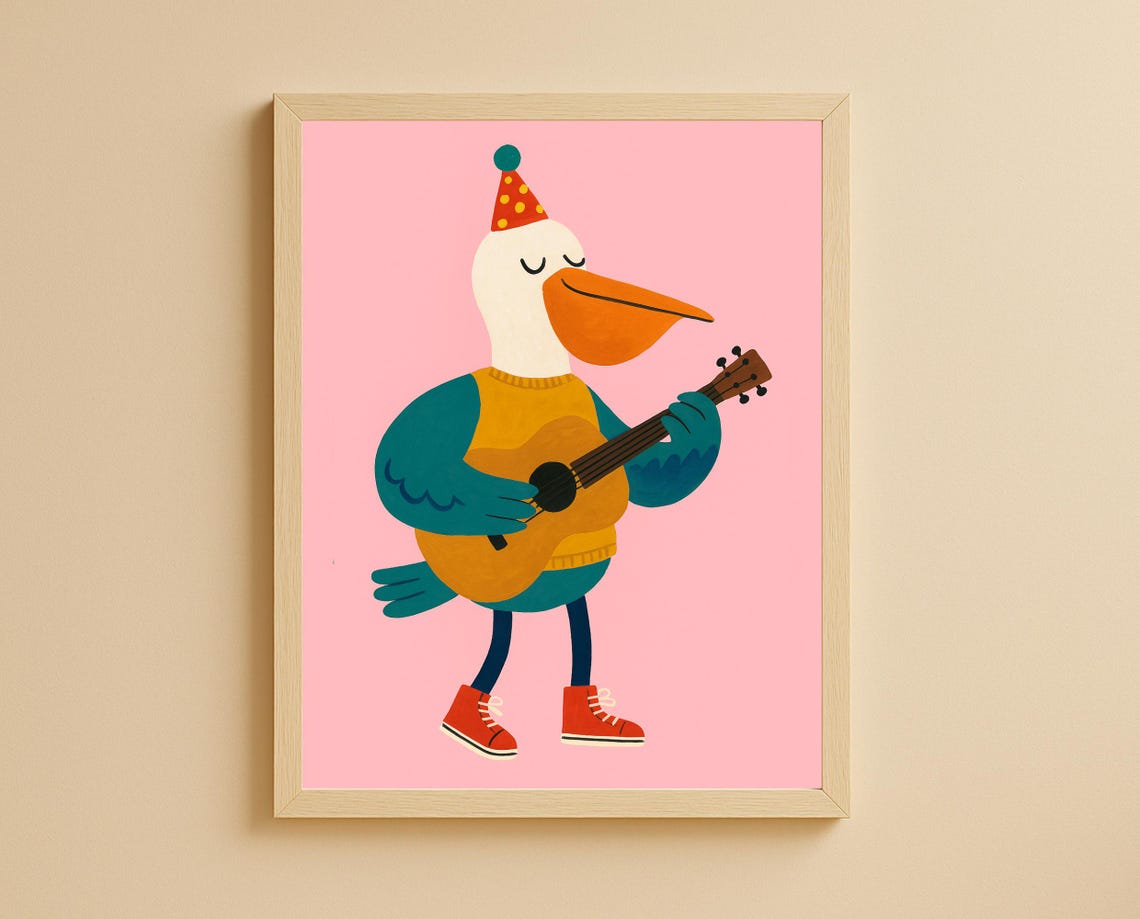 Pelican Playing Guitar With Party Hat Cute Musical Nursery Wall Art