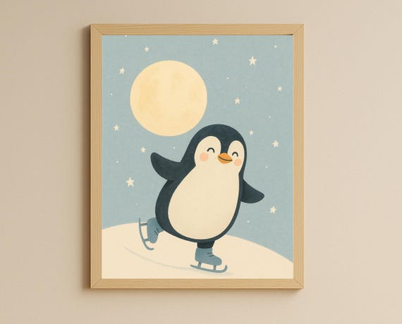 Moonlit Ice Skating Penguin Print Winter Nursery Wall Art Moon Stars Kids Room Decor