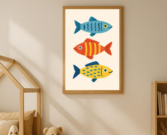 Three Fish Nursery Wall Art Ocean Animal Kids Room Playroom Decor Sea Life Poster Coastal Instant
