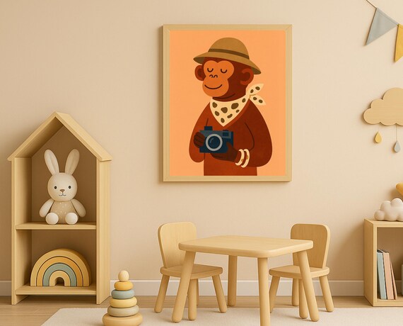 Adventurous Safari Monkey Holding Camera Cartoon Kids Explorer Room Poster