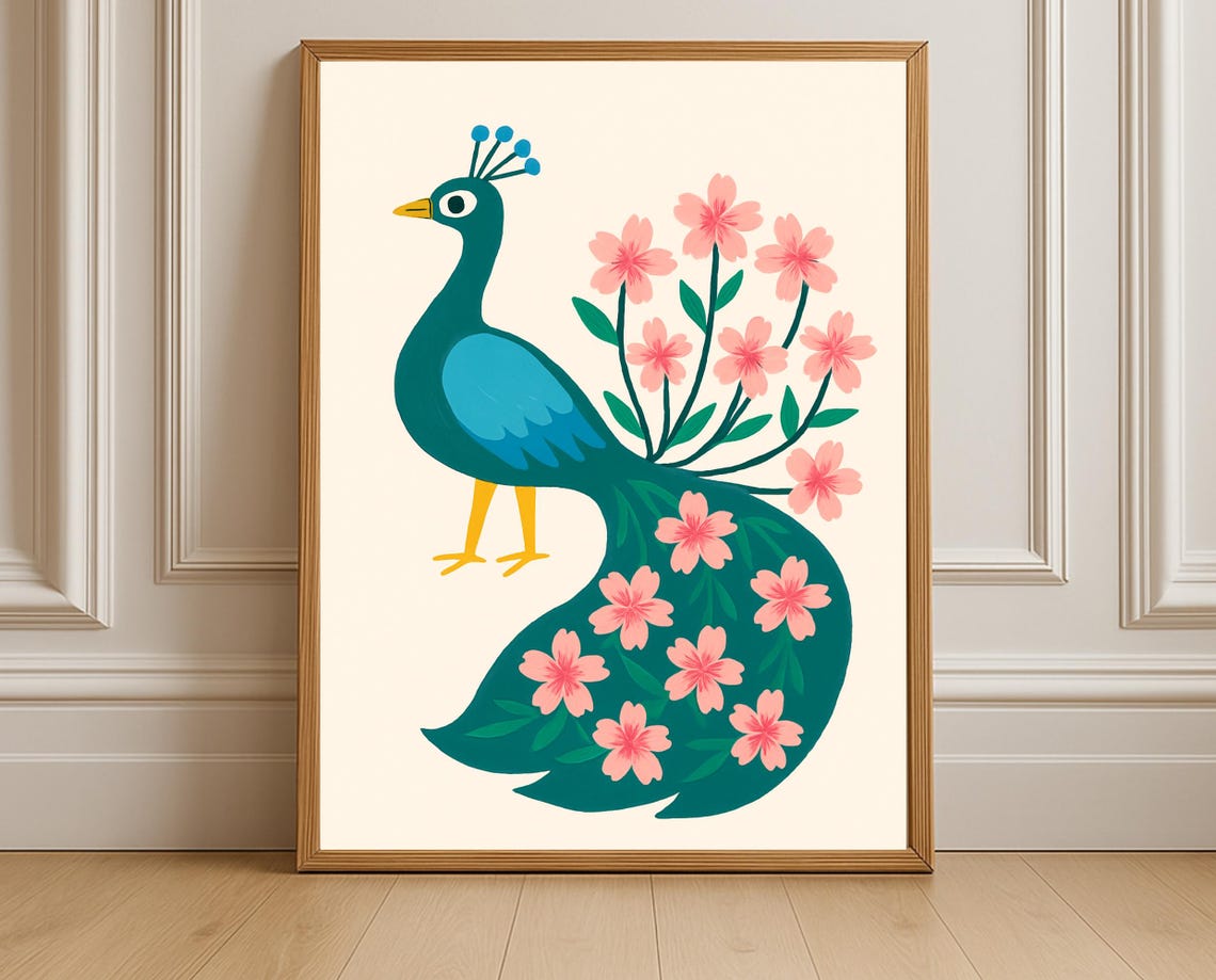 Peacock Nursery Print Pink Floral Tail Whimsical Animal Art