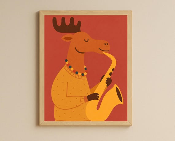 Jazz Moose Wall Art Saxophone Print Nursery Animal Music Room Decor Kids