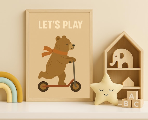 Lets Play Bear on Scooter Nursery Quote Retro Kids Room Poster