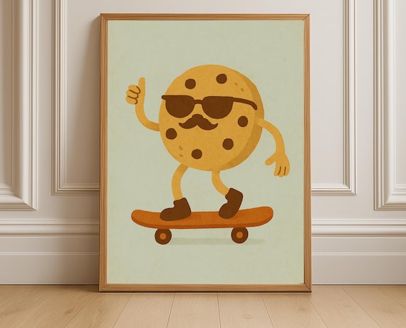 Cool Cookie with Sunglasses and Mustache Riding Skateboard Poster