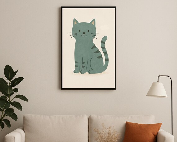 Minimalist Teal Cat Sitting Kitten Nursery Room Decor Poster