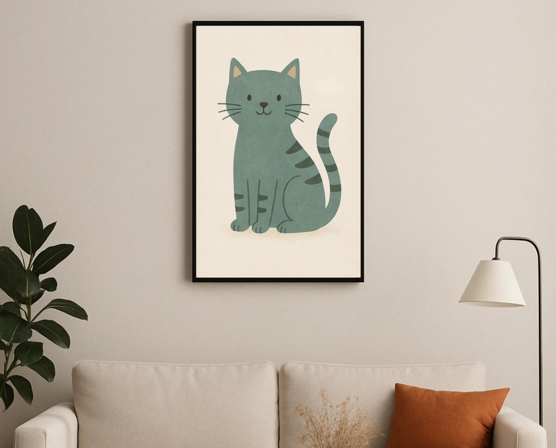 Teal Cat Nursery Wall Art Bluegreen Kitten Minimalist Kids Room Decor