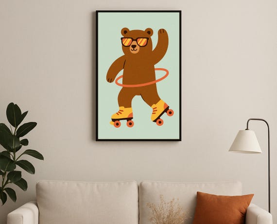 Roller Skating Bear Wall Art Hobby Animal Series Hula Hoop Print For Nursery Playroom Modern Kids Room Decor