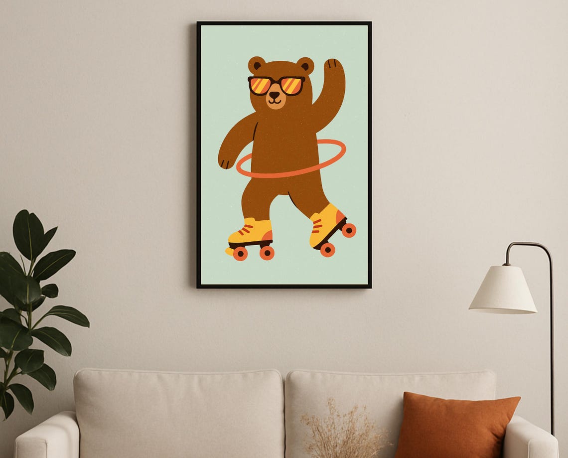 Roller Skating Bear with Hula Hoop Retro Style Hobby Wall Poster