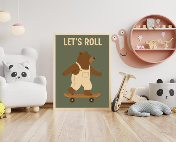 Skater Bear Poster Lets Roll Nursery Wall Art Cute Animal Room Decor For Kids Instant