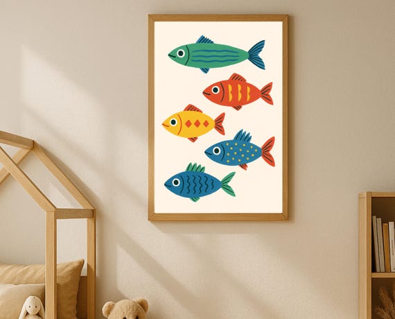 Colorful Fish Nursery Wall Art Ocean Animal Kids Room Playroom Decor Sea Life Poster Coastal Instant