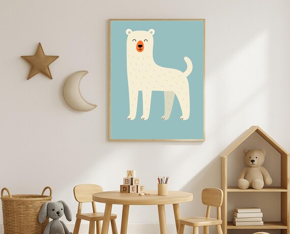 Smiling Polar Bear Standing Tall On Soft Blue Background Poster