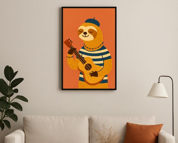 Guitar Playing Sloth Wall Art Hobby Animal Series Striped Shirt Beret For Nursery Playroom Modern Kids Room Decor