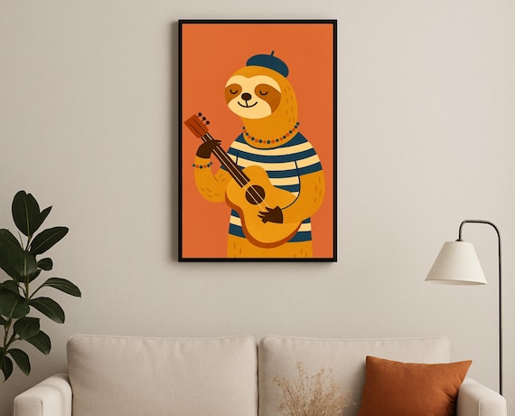 Sloth in Beret and Striped Shirt Strumming a Guitar Music Poster