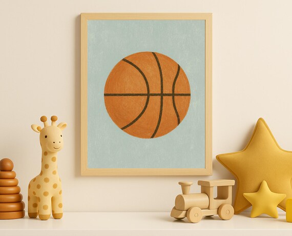 Orange Basketball Minimal Teal Background Sports Kids Room Nursery Poster