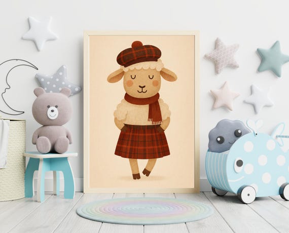 Scottish Lamb Wall Art Highland Animal Nursery Print Cozy Kids Room Decor Poster