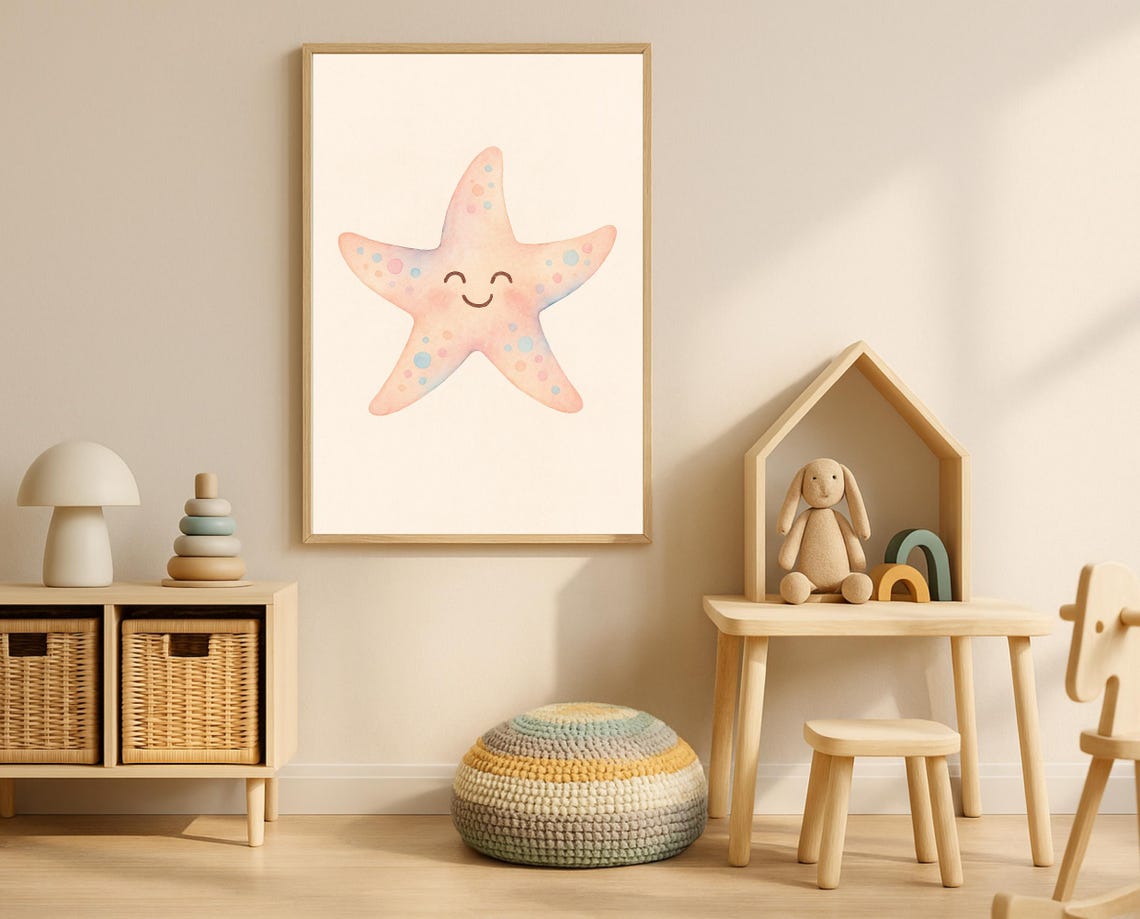 Pastel Watercolor Starfish Smiling Ocean Poster for Nursery Room