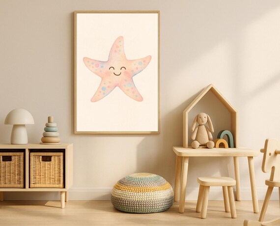 Pastel Watercolor Starfish Smiling Ocean Poster for Nursery Room