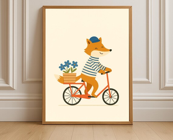 Fox On Bicycle Wall Art Cute Riding Bike With Flowers Poster For Nursery Toddler Room Or Kids Decor