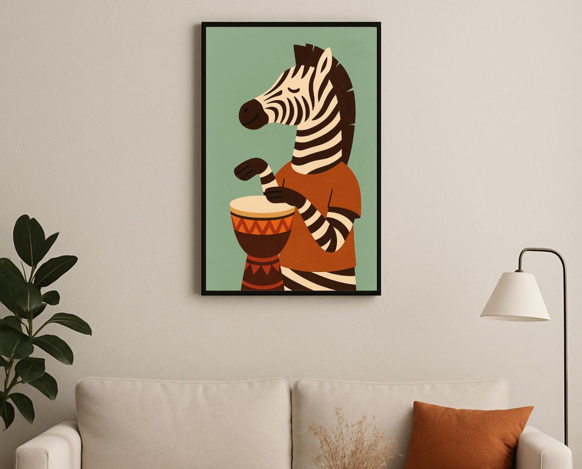 Djembe Drumming Zebra Wall Art Musical Animal Print Nursery Kids Room