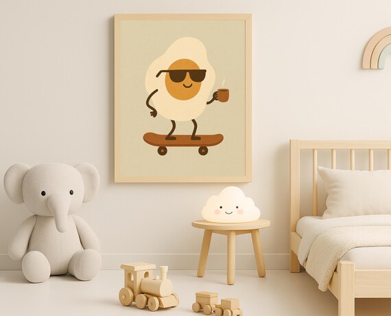 Skateboarding Egg Wall Art Funny Breakfast Poster Nursery Print For Kids Room
