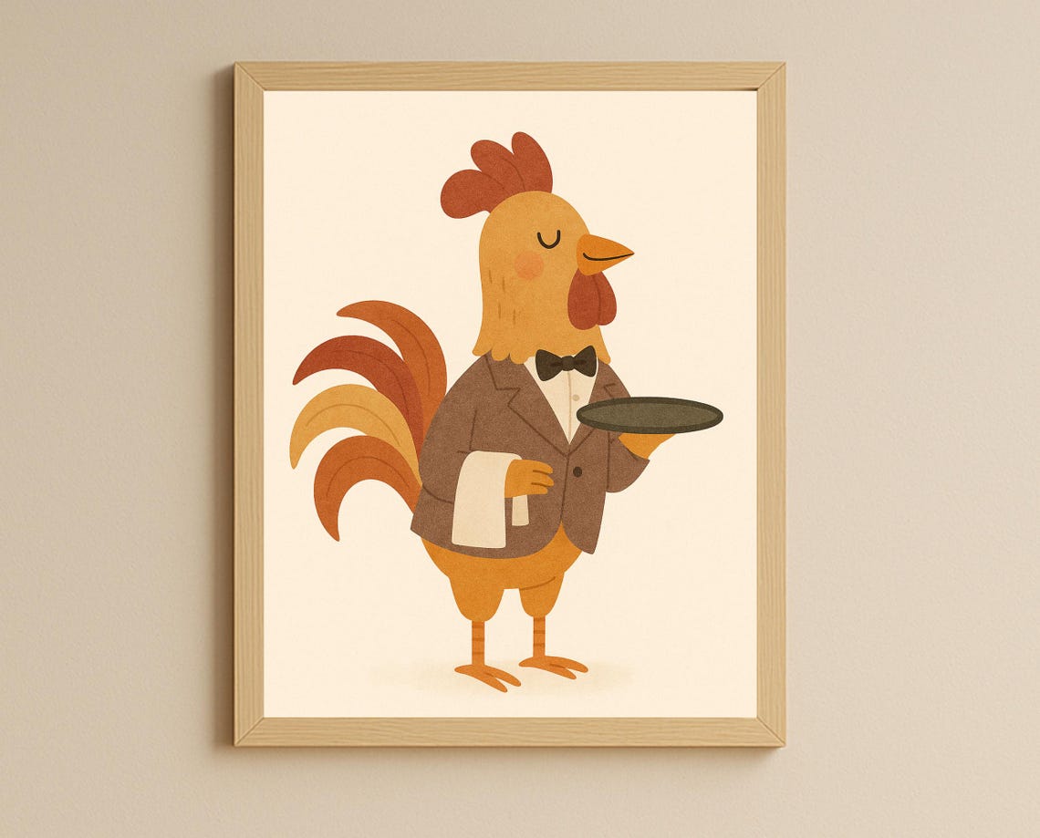 Dapper Rooster Waiter In Tuxedo Holding Tray Funny Kids Poster