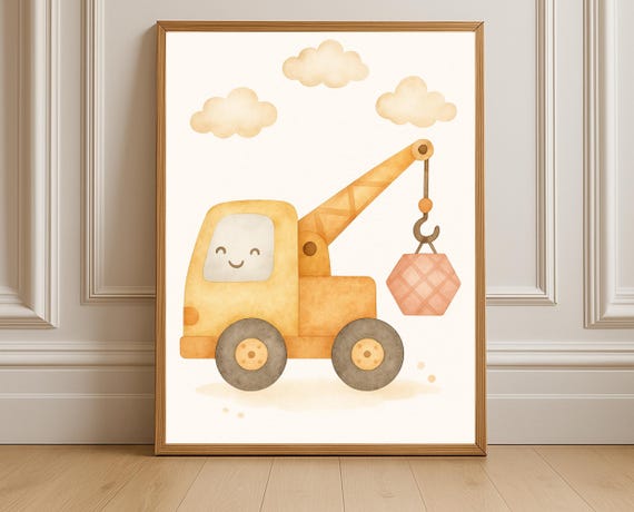 Watercolor Crane Truck Wall Art Construction Vehicle Nursery Print Toddler Room Boys Decor Instant