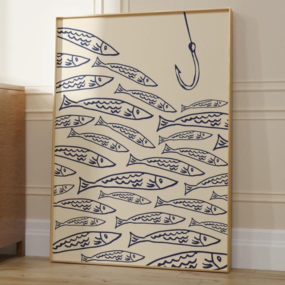 Fishing Trendy Fisherman Wall Art Nautical Fish Print Minimalist Poster Coastal Tin Home Decor 1