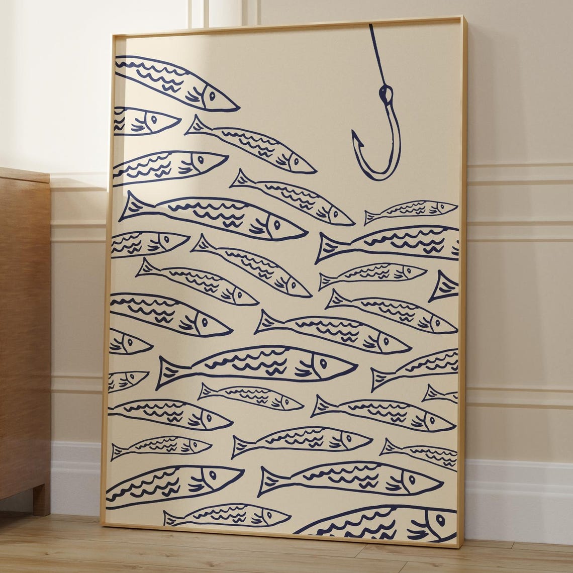 Navy Fish School and Hook Minimalist Coastal Kitchen Wall Art