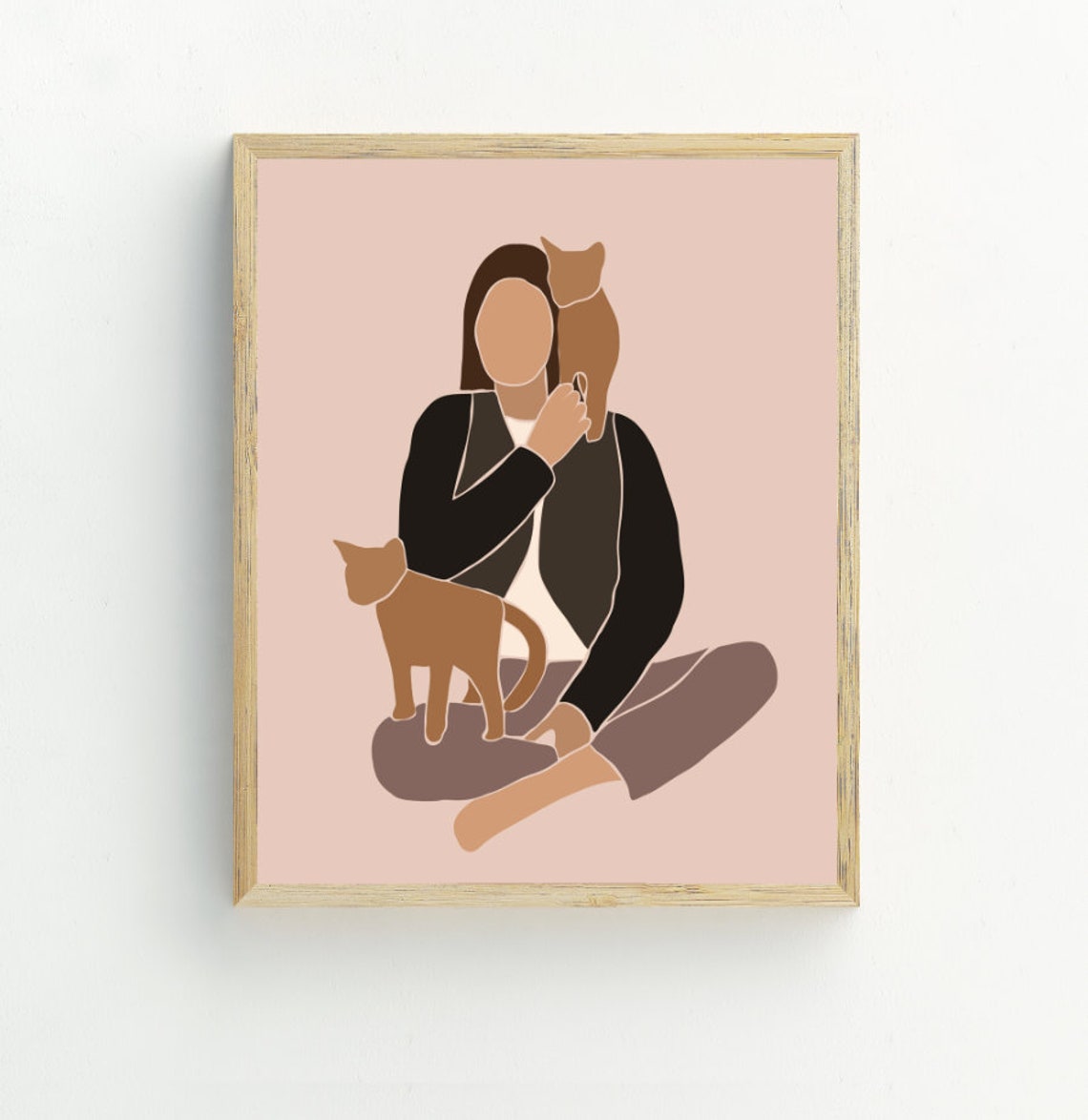 Boho Woman With Two Cats Minimalist Cat Lover Illustration Wall Art - Image 2